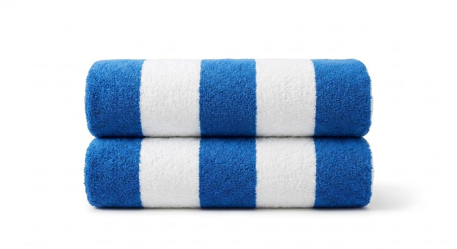 Yarn-dyed cabana stripe beach towel close-up, navy and white