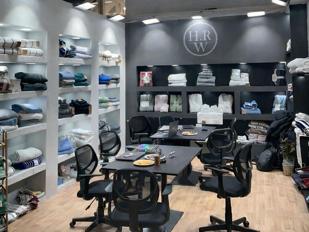 HRW stand at Heimtextil, Frankfurt — product wall and meeting area