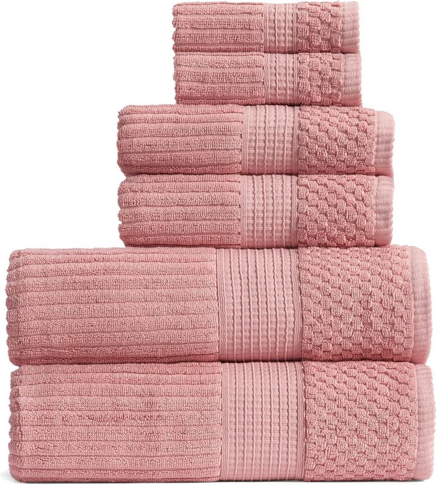 6-piece combed cotton towel set in blush pink, stacked